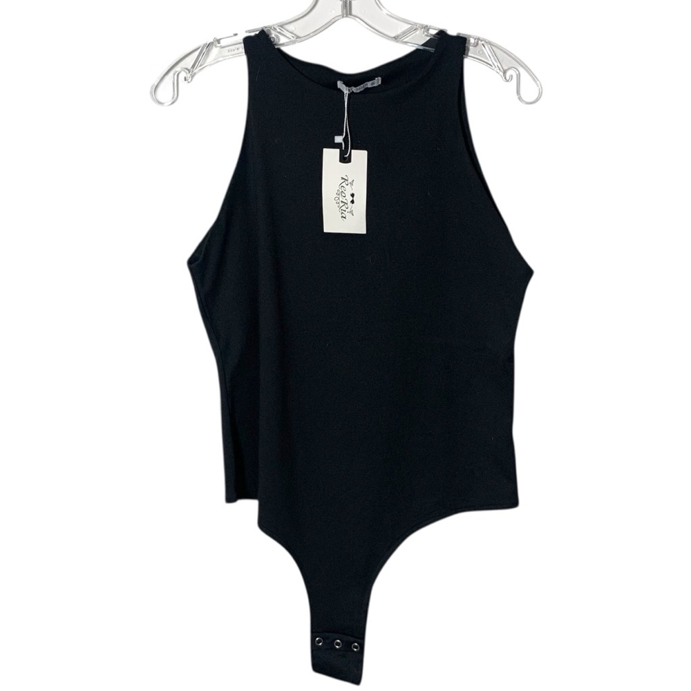 Reoria Size XL Bodysuit Sleeveless Black Stretch Fitted High Neck Top